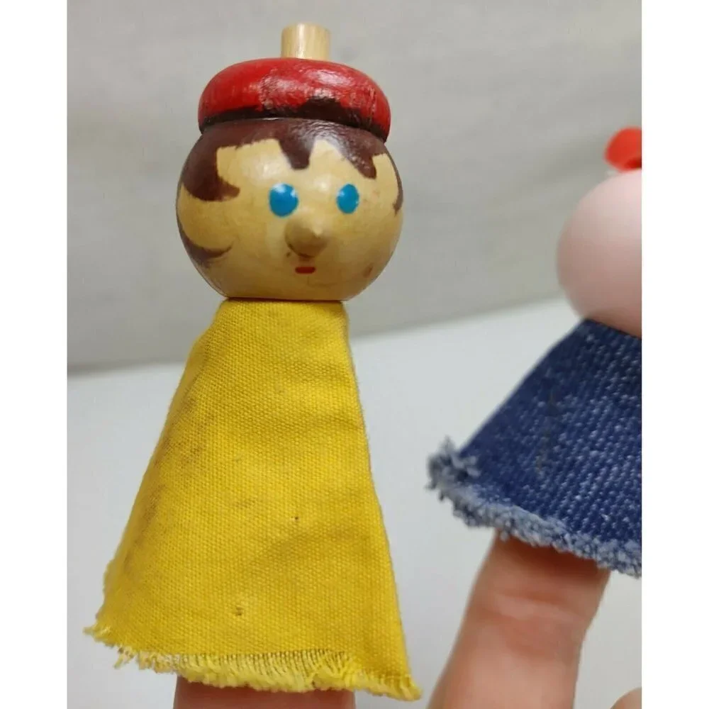 Vintage Wood And Cloth Set Boy With Hat Pig Hand Painted Finger Puppets